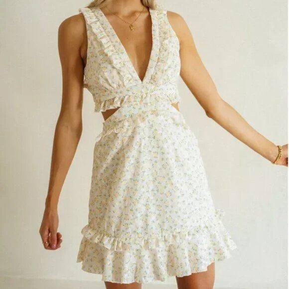 Mable Lexi Eyelet Lace Up Ruffle Cut Out Mini Dress Yellow Floral Size Small - Picture 12 of 12